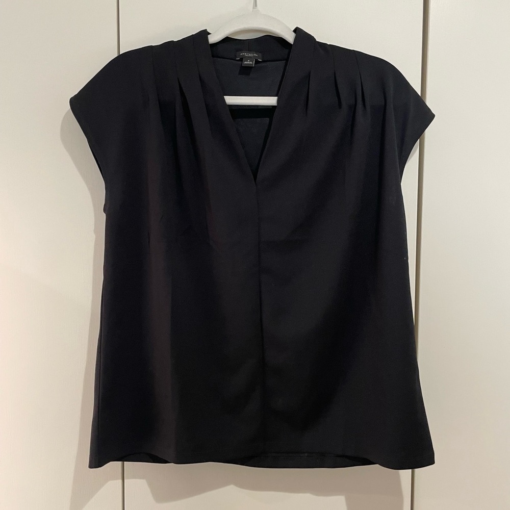 Ann Taylor black, v-neck, short sleeved, professional work attire blouse.